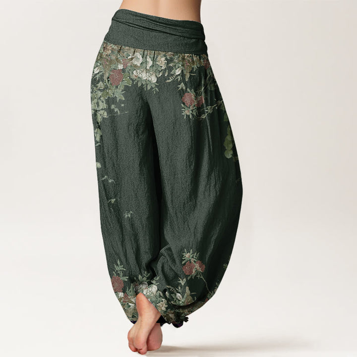 Buddha Stones Casual Red Peony Flower Vine Design Women's Elastic Waist Harem Pants - image 7