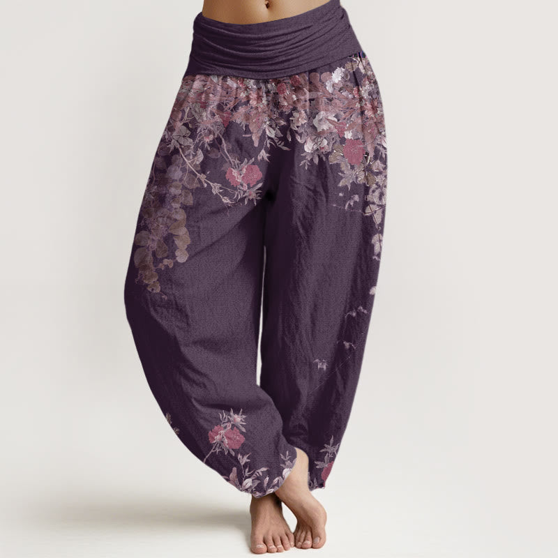 Buddha Stones Casual Red Peony Flower Vine Design Women's Elastic Waist Harem Pants - Plum - US22,UK/AU26,EU54 (6XL) - image 8