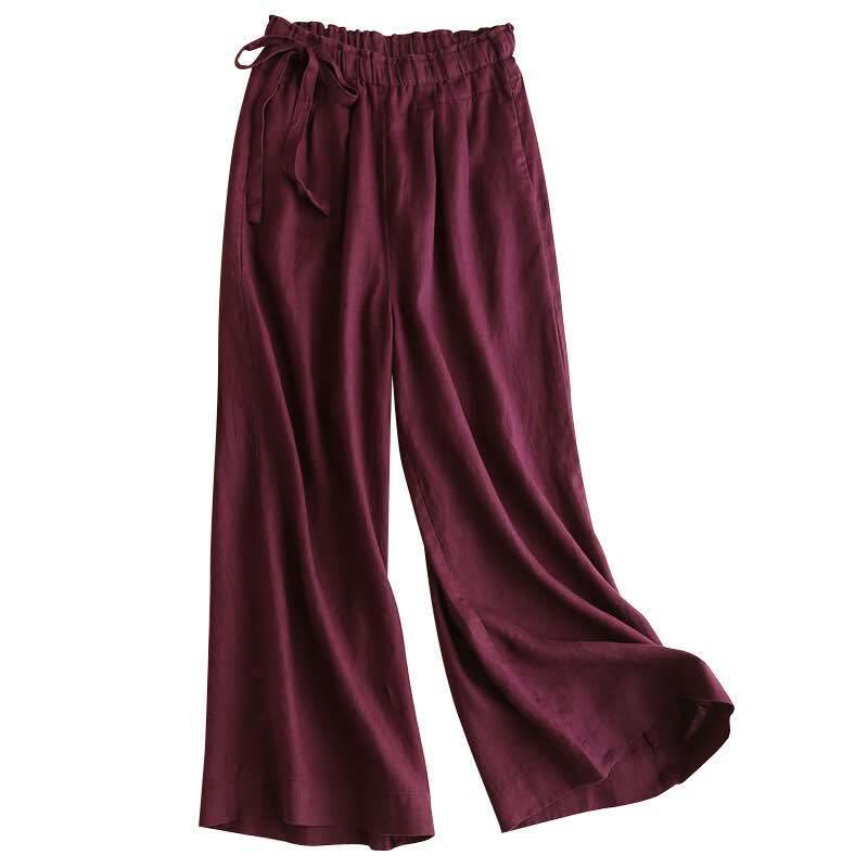 Buddha Stones Casual Plain Color Lace-up Cotton Linen Women's Wide Leg Pants - image 21