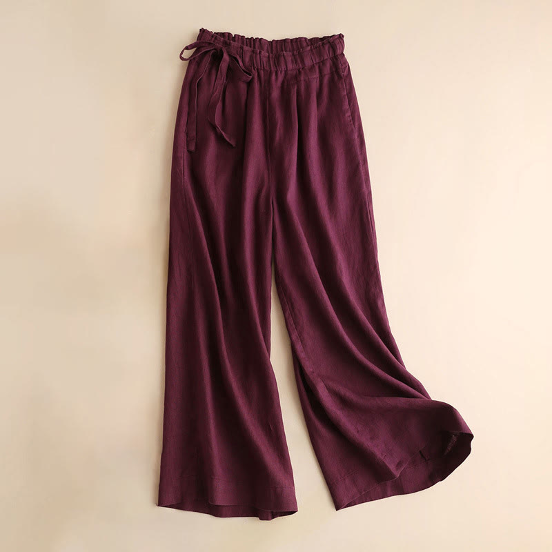 Buddha Stones Casual Plain Color Lace-up Cotton Linen Women's Wide Leg Pants - Maroon - US12,UK/AU16,EU44 (3XL) - image 13