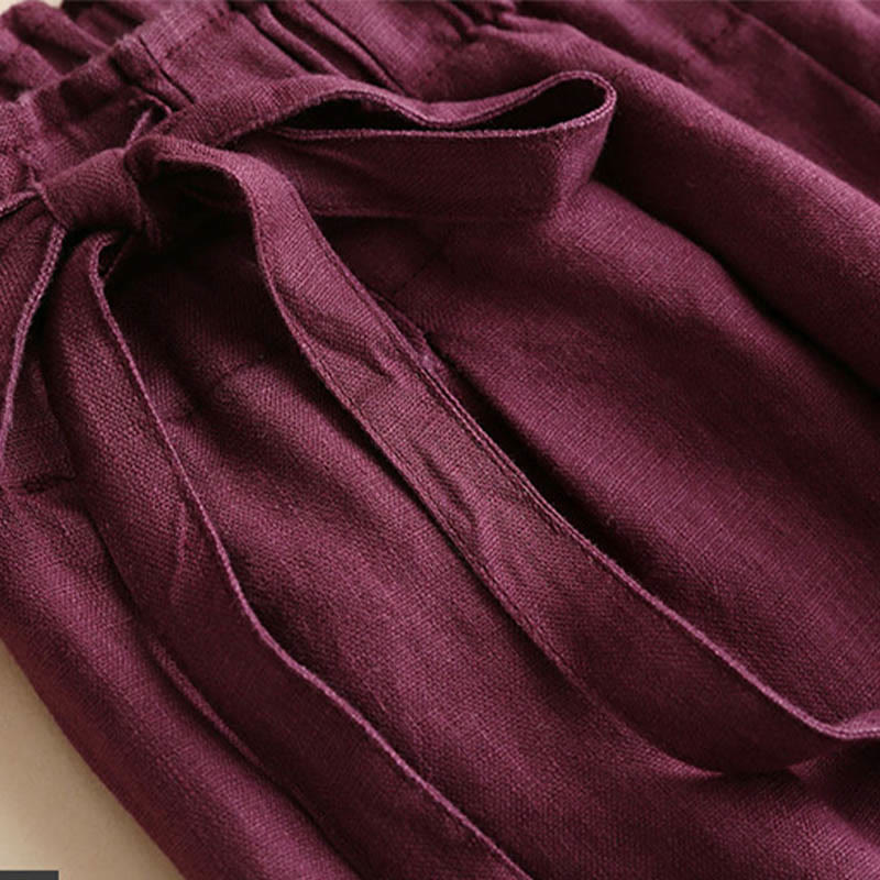 Buddha Stones Casual Plain Color Lace-up Cotton Linen Women's Wide Leg Pants - image 15