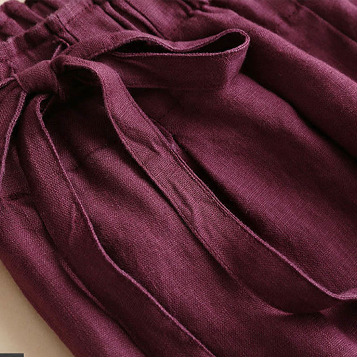 Buddha Stones Casual Plain Color Lace-up Cotton Linen Women's Wide Leg Pants - image 15