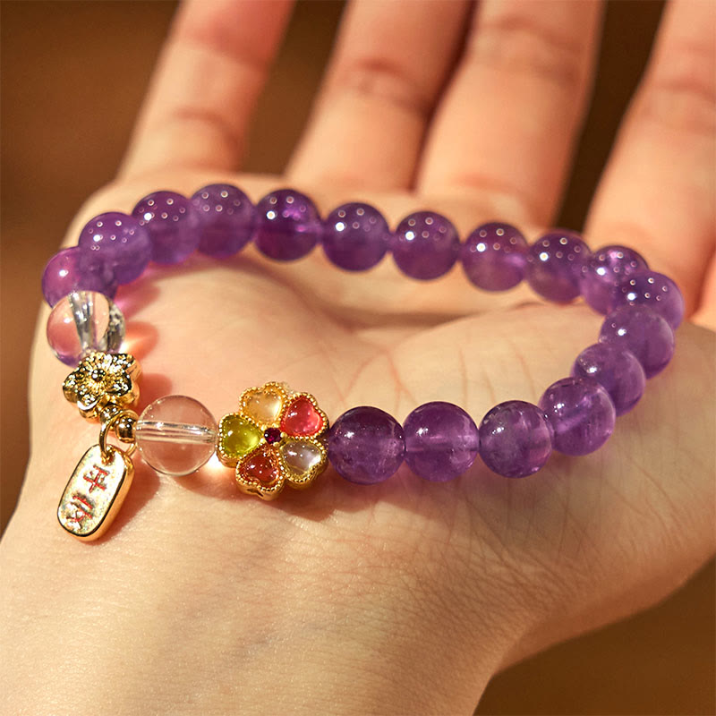 Buddha Stones Natural Amethyst White Crystal Flower Healing Safe And Well Charm Bracelet - image 6