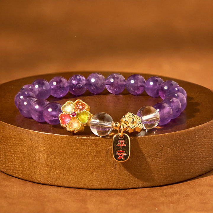 Buddha Stones Natural Amethyst White Crystal Flower Healing Safe And Well Charm Bracelet - image 3