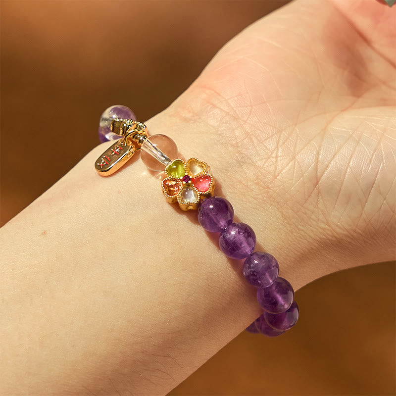 Buddha Stones Natural Amethyst White Crystal Flower Healing Safe And Well Charm Bracelet - image 9