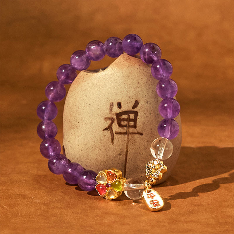 Buddha Stones Natural Amethyst White Crystal Flower Healing Safe And Well Charm Bracelet - image 4