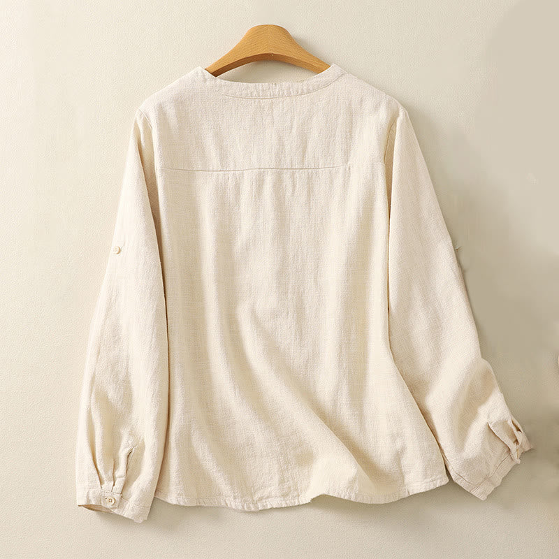 Buddha Stones Casual Women's Loose Standing Collar Long Sleeve Design Plain Cotton Linen Shirt - image 5