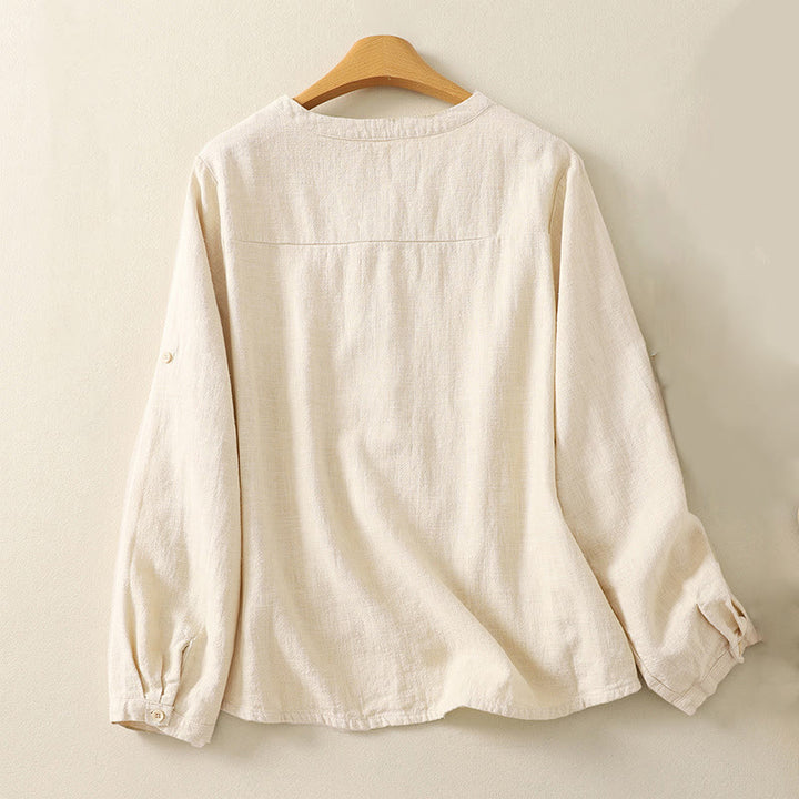 Buddha Stones Casual Women's Loose Standing Collar Long Sleeve Design Plain Cotton Linen Shirt - image 5