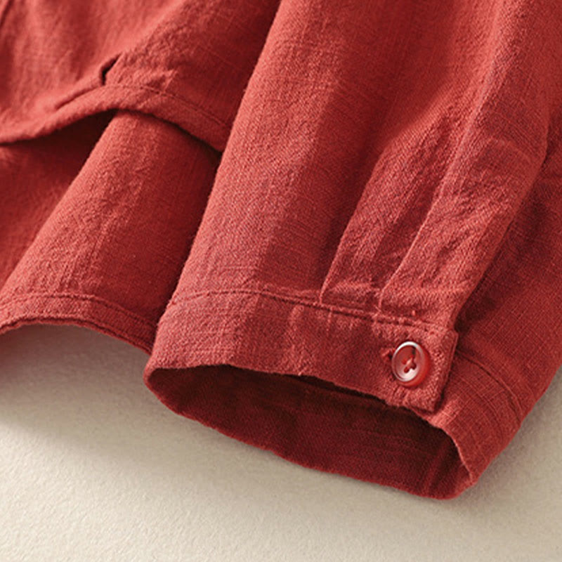 Buddha Stones Casual Women's Loose Standing Collar Long Sleeve Design Plain Cotton Linen Shirt - image 2