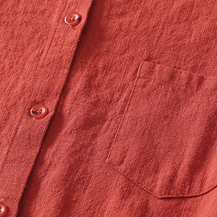 Buddha Stones Casual Women's Loose Standing Collar Long Sleeve Design Plain Cotton Linen Shirt - image 3