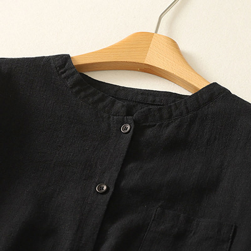 Buddha Stones Casual Women's Loose Standing Collar Long Sleeve Design Plain Cotton Linen Shirt - image 14