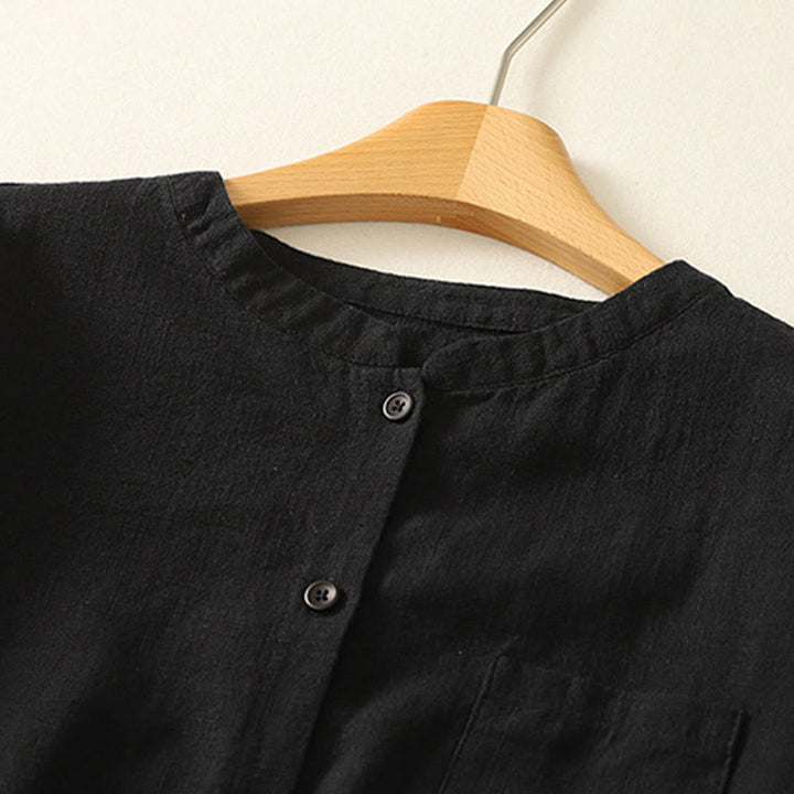 Buddha Stones Casual Women's Loose Standing Collar Long Sleeve Design Plain Cotton Linen Shirt - image 14