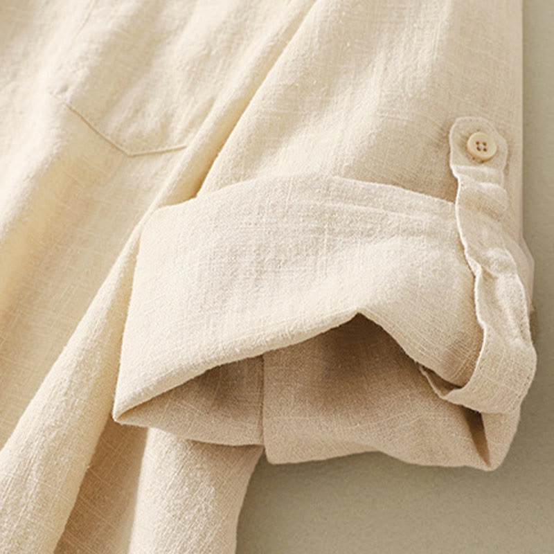 Buddha Stones Casual Women's Loose Standing Collar Long Sleeve Design Plain Cotton Linen Shirt - image 11