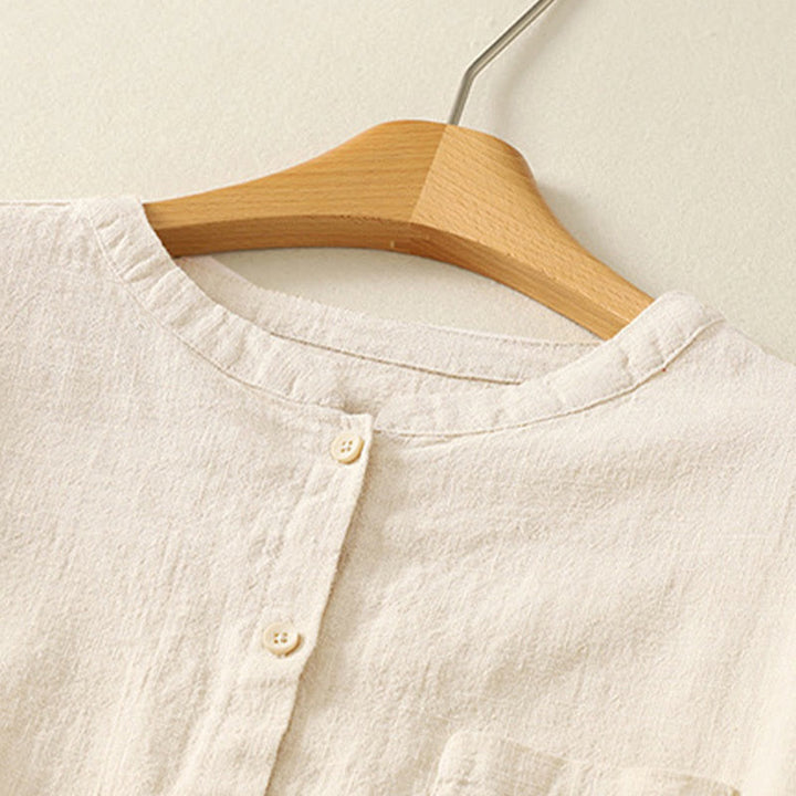 Buddha Stones Casual Women's Loose Standing Collar Long Sleeve Design Plain Cotton Linen Shirt - image 6