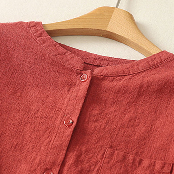 Buddha Stones Casual Women's Loose Standing Collar Long Sleeve Design Plain Cotton Linen Shirt - image 1