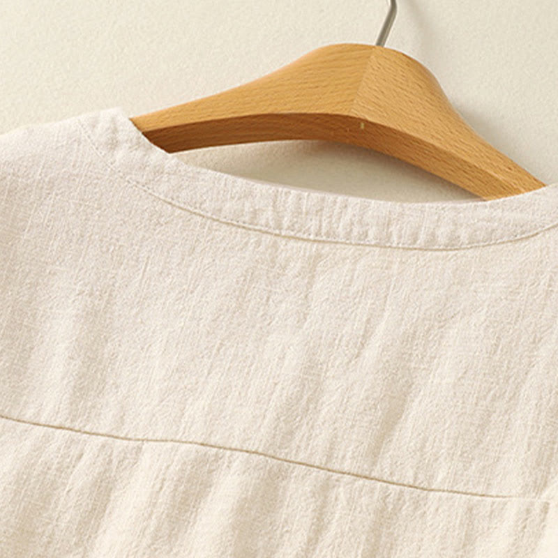 Buddha Stones Casual Women's Loose Standing Collar Long Sleeve Design Plain Cotton Linen Shirt - image 7