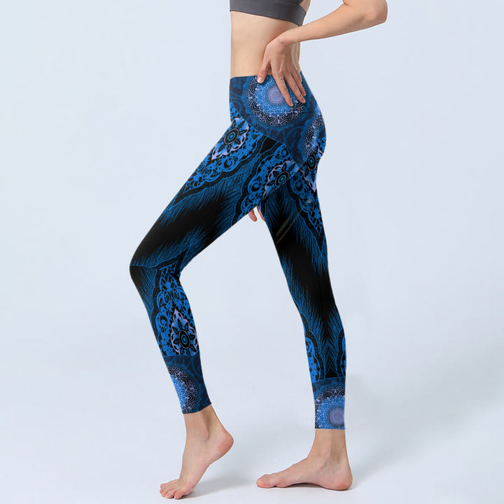 Buddha Stones Blue Mandala Feathers Print Gym Leggings Women's Yoga Pants - image 3