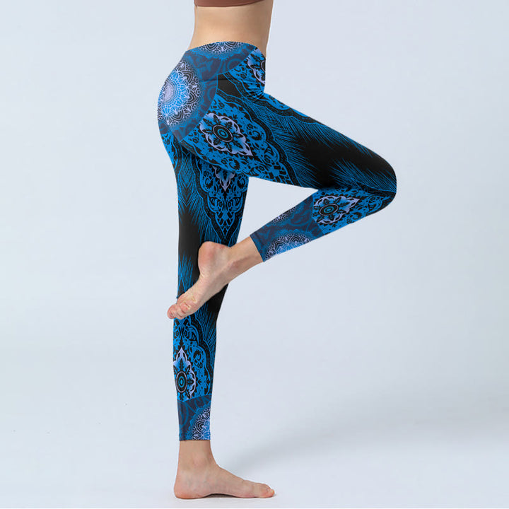 Buddha Stones Blue Mandala Feathers Print Gym Leggings Women's Yoga Pants - image 5