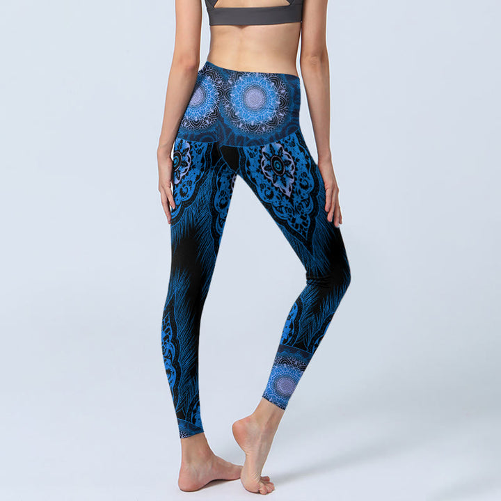 Buddha Stones Blue Mandala Feathers Print Gym Leggings Women's Yoga Pants - image 4