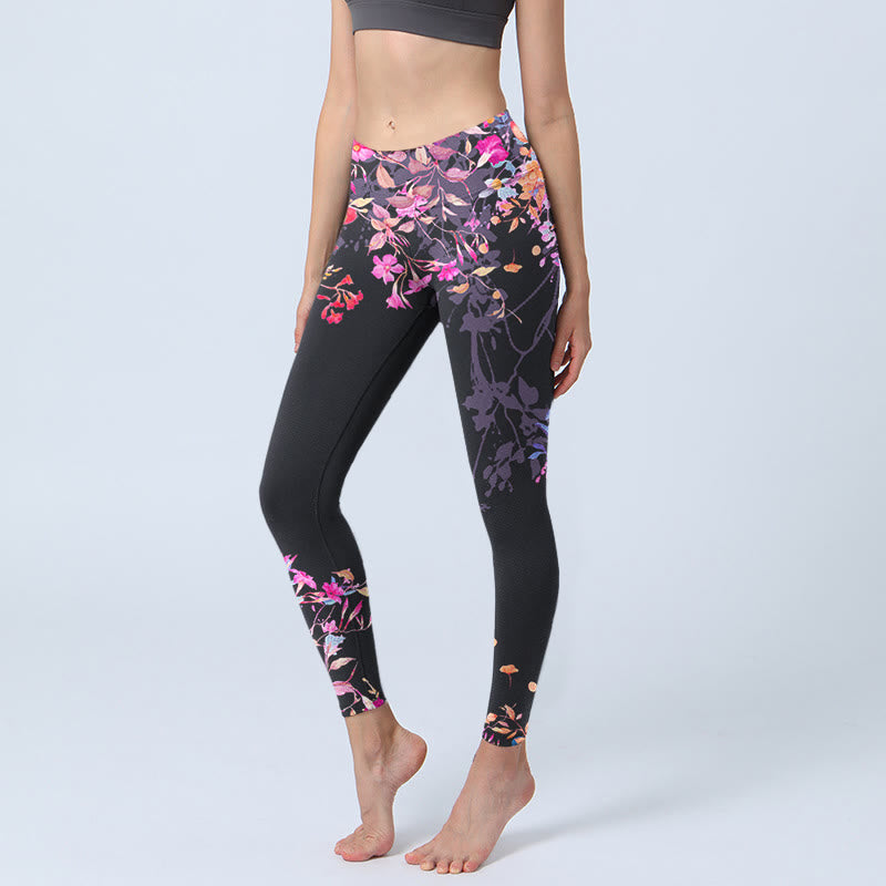 Buddha Stones Black Pink Floral Leaves Print Gym Leggings Women's Yoga Pants - Black - US18,UK/AU22,EU50 (4XL) - image 1