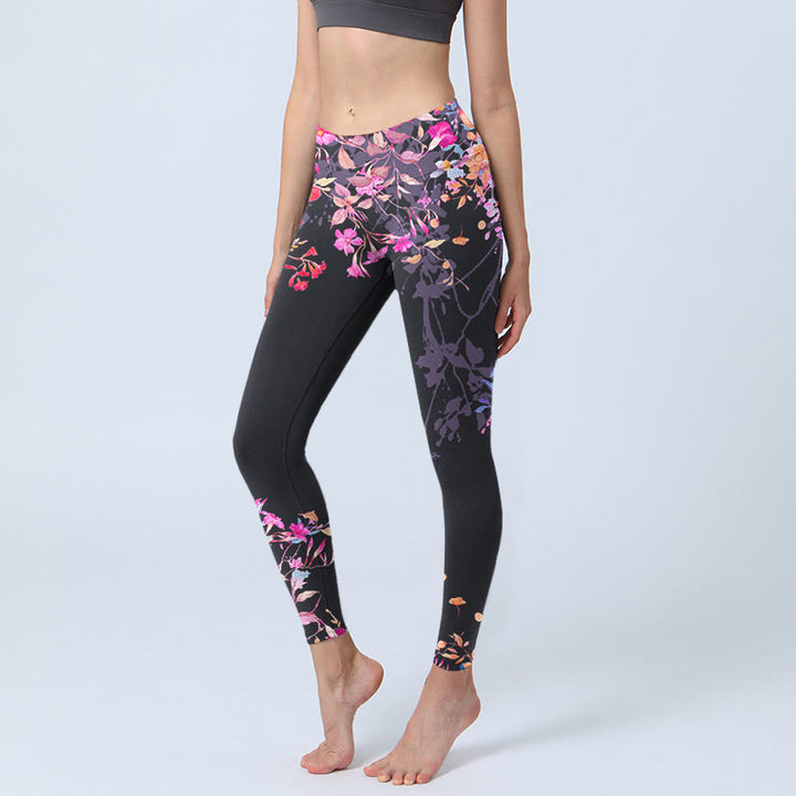 Buddha Stones Black Pink Floral Leaves Print Gym Leggings Women's Yoga Pants - Black - US18,UK/AU22,EU50 (4XL) - image 1