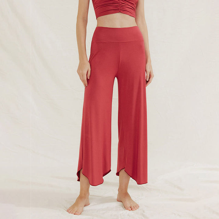 Buddha Stones Casual Plain Loose Irregular Geometric Hem Women's Leica Wide Leg Pants - Red - US4,UK/AU8,EU36 (L) - image 0