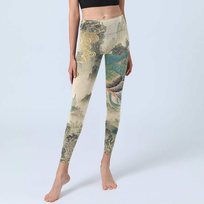 Buddha Stones Peacock Auspicious Clouds Mountain Flowers Print Gym Leggings Women's Yoga Pants - image 6
