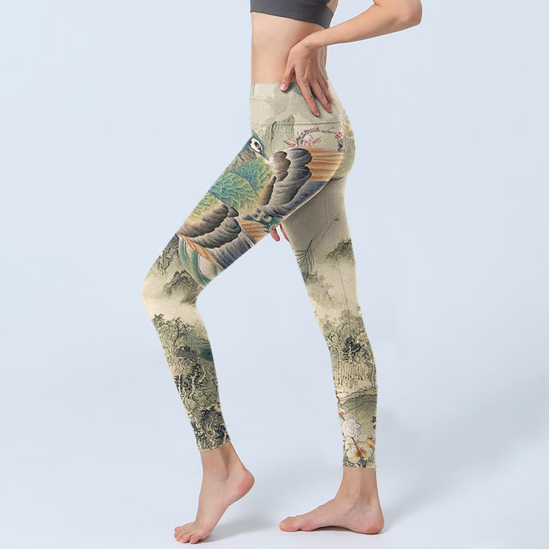 Buddha Stones Peacock Auspicious Clouds Mountain Flowers Print Gym Leggings Women's Yoga Pants - image 3