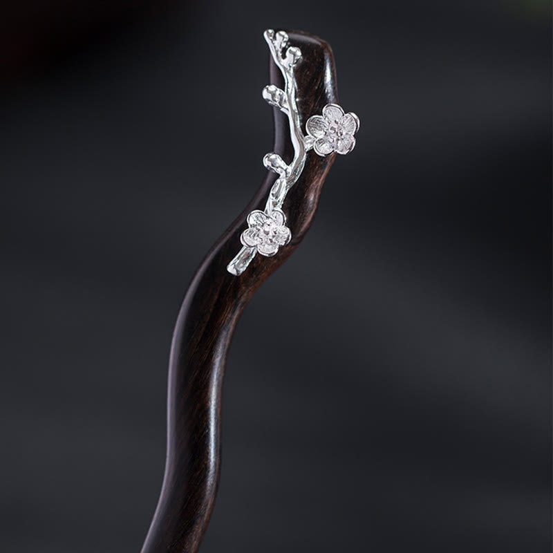 Buddha Stones 925 Sterling Silver Classical Chinese Style Ebony Plum Blossom Blessing Hairpin - image 8