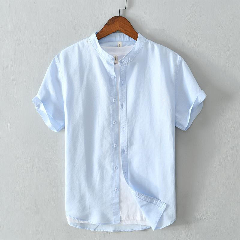 Buddha Stones Simple Style Short Sleeve Button Cotton Linen Men's Shirt - LightSkyBlue - US/UK/AU44,EU54 (4XL) - image 10