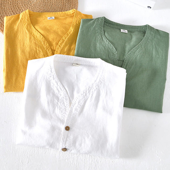 Buddha Stones Summer Stand Collar Short Sleeve Cotton Linen Half Button Men's Shirt - image 19