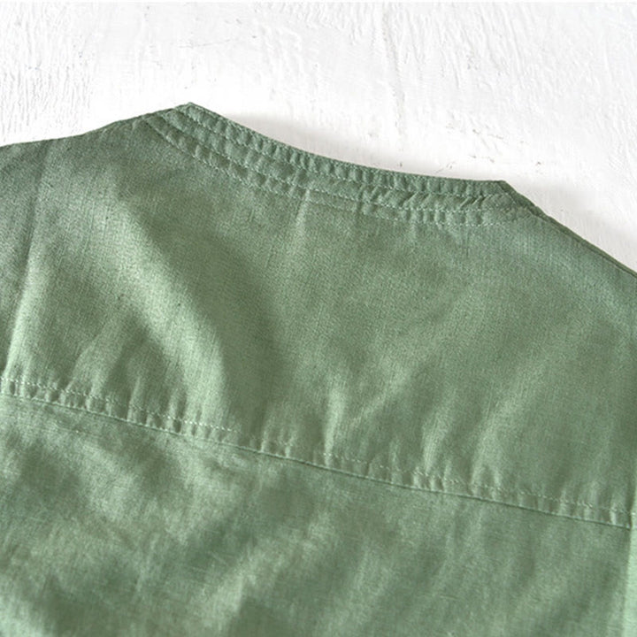 Buddha Stones Summer Stand Collar Short Sleeve Cotton Linen Half Button Men's Shirt - image 2