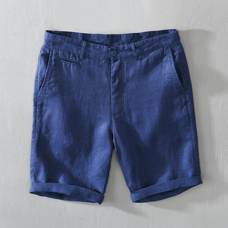Buddha Stones Solid Color Drawstring Linen Men's Shorts With Pockets