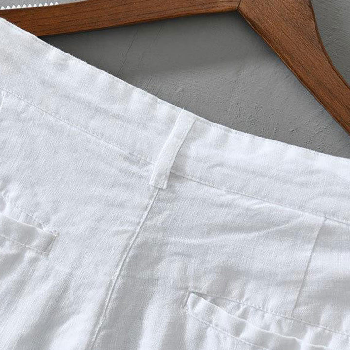 Buddha Stones Solid Color Drawstring Linen Men's Shorts With Pockets