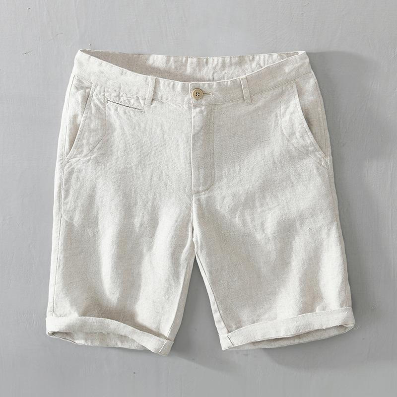 Buddha Stones Solid Color Drawstring Linen Men's Shorts With Pockets