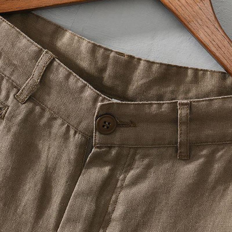 Buddha Stones Solid Color Drawstring Linen Men's Shorts With Pockets