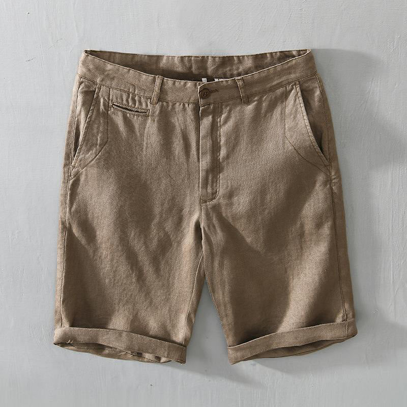 Buddha Stones Solid Color Drawstring Linen Men's Shorts With Pockets