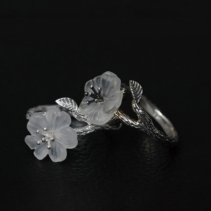 Buddha Stones 925 Sterling Silver White Crystal Skeleton Flower Adjustable Healing Ring - image 12