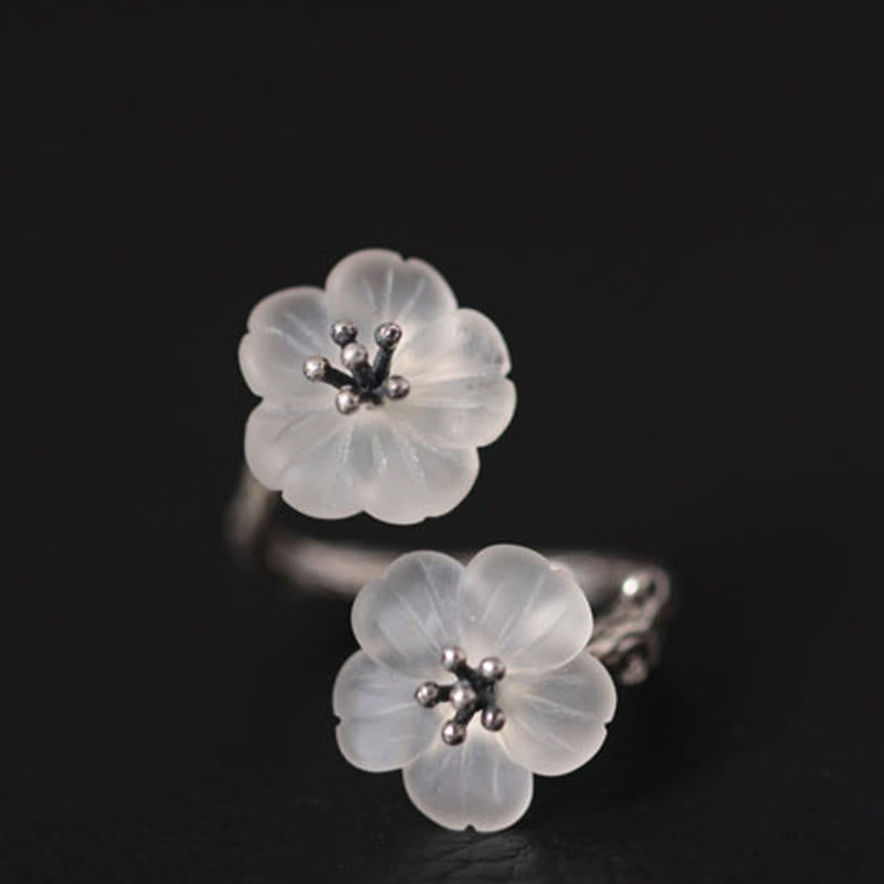 Buddha Stones 925 Sterling Silver White Crystal Double Plum Blossom Flower Adjustable Protection Ring - image 14