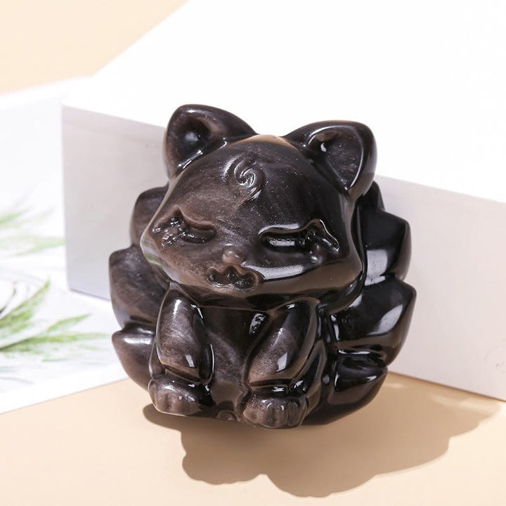 Buddha Stones Natural Silver Sheen Obsidian Nine Tailed Fox Protection Home Decoration - image 1