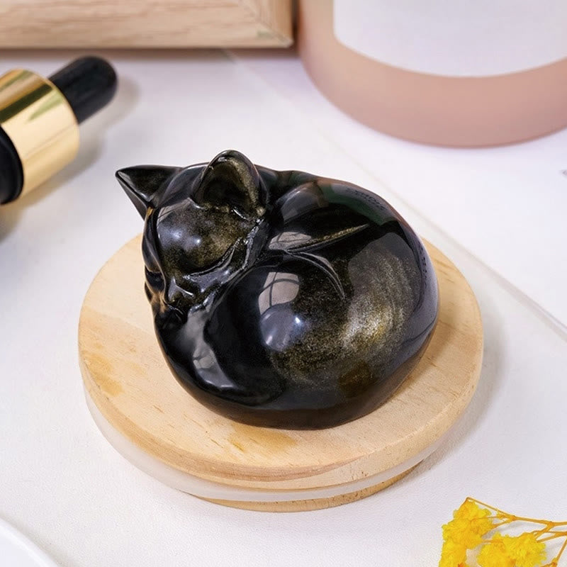 Buddha Stones Natural Gold Sheen Obsidian Sleeping Cat Statue Home Decoration - image 3