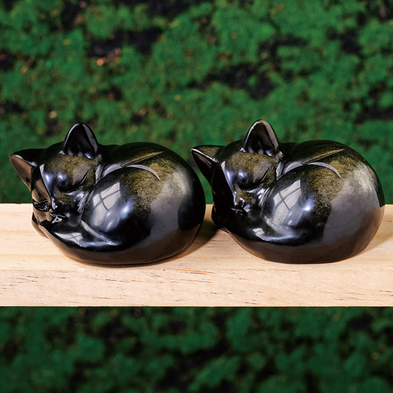 Buddha Stones Natural Gold Sheen Obsidian Sleeping Cat Statue Home Decoration - image 1