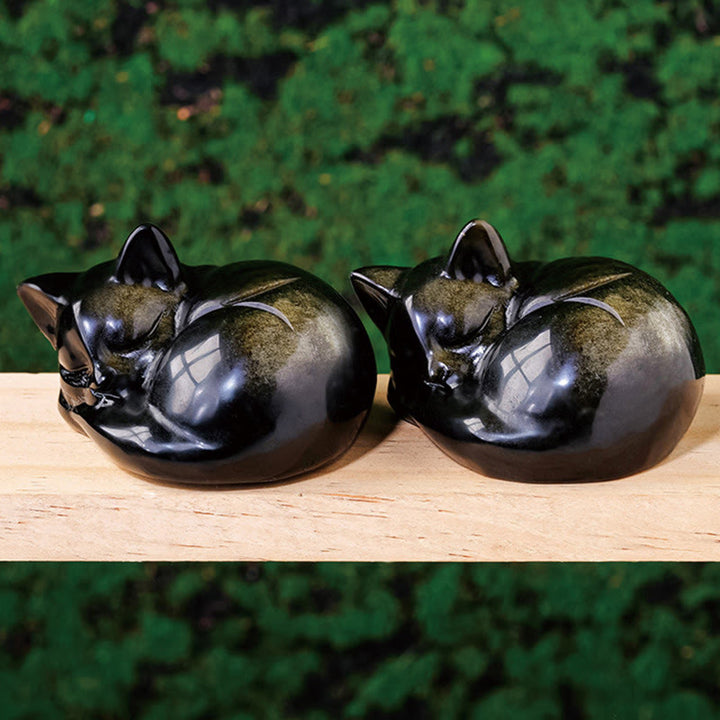Buddha Stones Natural Gold Sheen Obsidian Sleeping Cat Statue Home Decoration - image 1