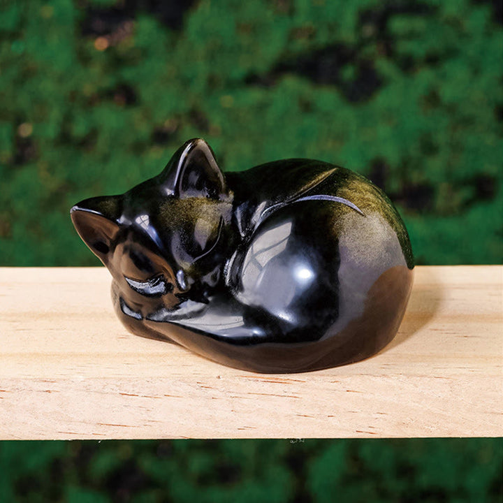 Buddha Stones Natural Gold Sheen Obsidian Sleeping Cat Statue Home Decoration - Gold Sheen Obsidian 6*5cm - image 2