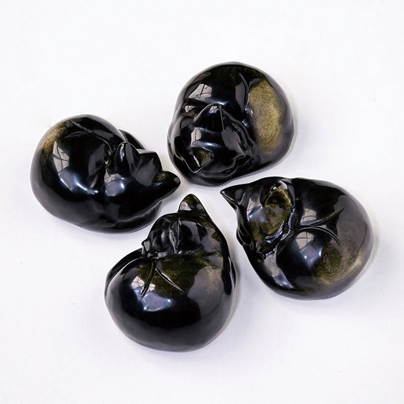 Buddha Stones Natural Gold Sheen Obsidian Sleeping Cat Statue Home Decoration - image 7