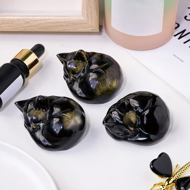 Buddha Stones Natural Gold Sheen Obsidian Sleeping Cat Statue Home Decoration - image 5