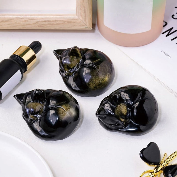 Buddha Stones Natural Gold Sheen Obsidian Sleeping Cat Statue Home Decoration - image 5