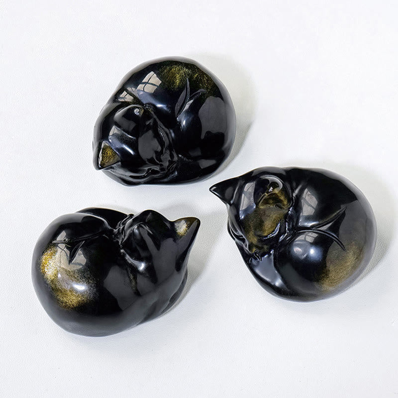 Buddha Stones Natural Gold Sheen Obsidian Sleeping Cat Statue Home Decoration - image 8