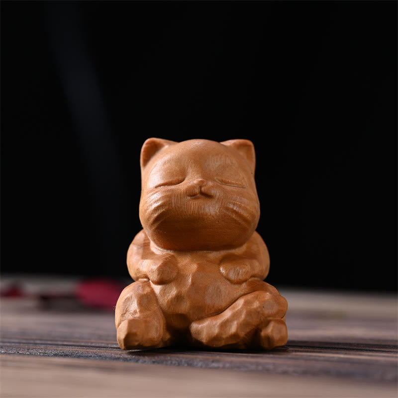 Buddha Stones Mini Cute Sitting Cat Sandalwood Protection Home Decoration - Golden Sandalwood Cat 5.3*4.8*4.3cm - image 2