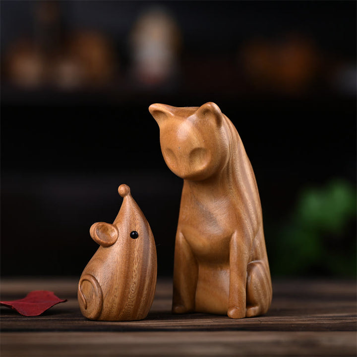 Buddha Stones Small Cat Mouse Green Sandalwood African Red Rosewood Peace Home Decoration - Green Sandalwood Cat And Mouse 9*4*4cm - image 1